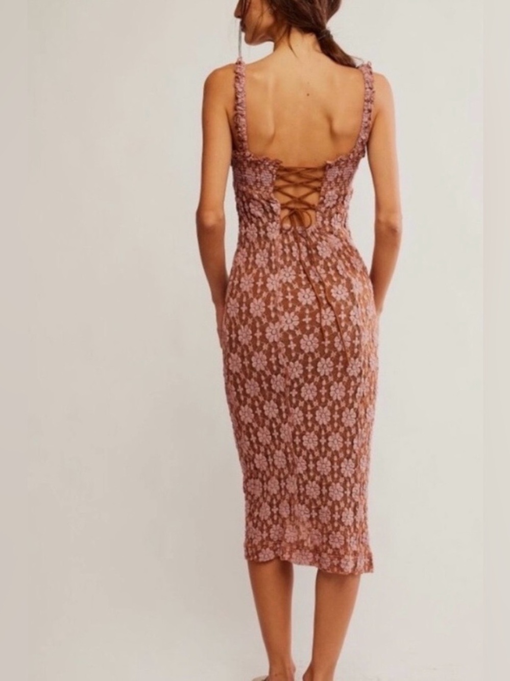 Free People Lucinda Lace Pink and Ginger Back Lace-Up Midi Dress NWT Sz M - Picture 5 of 12